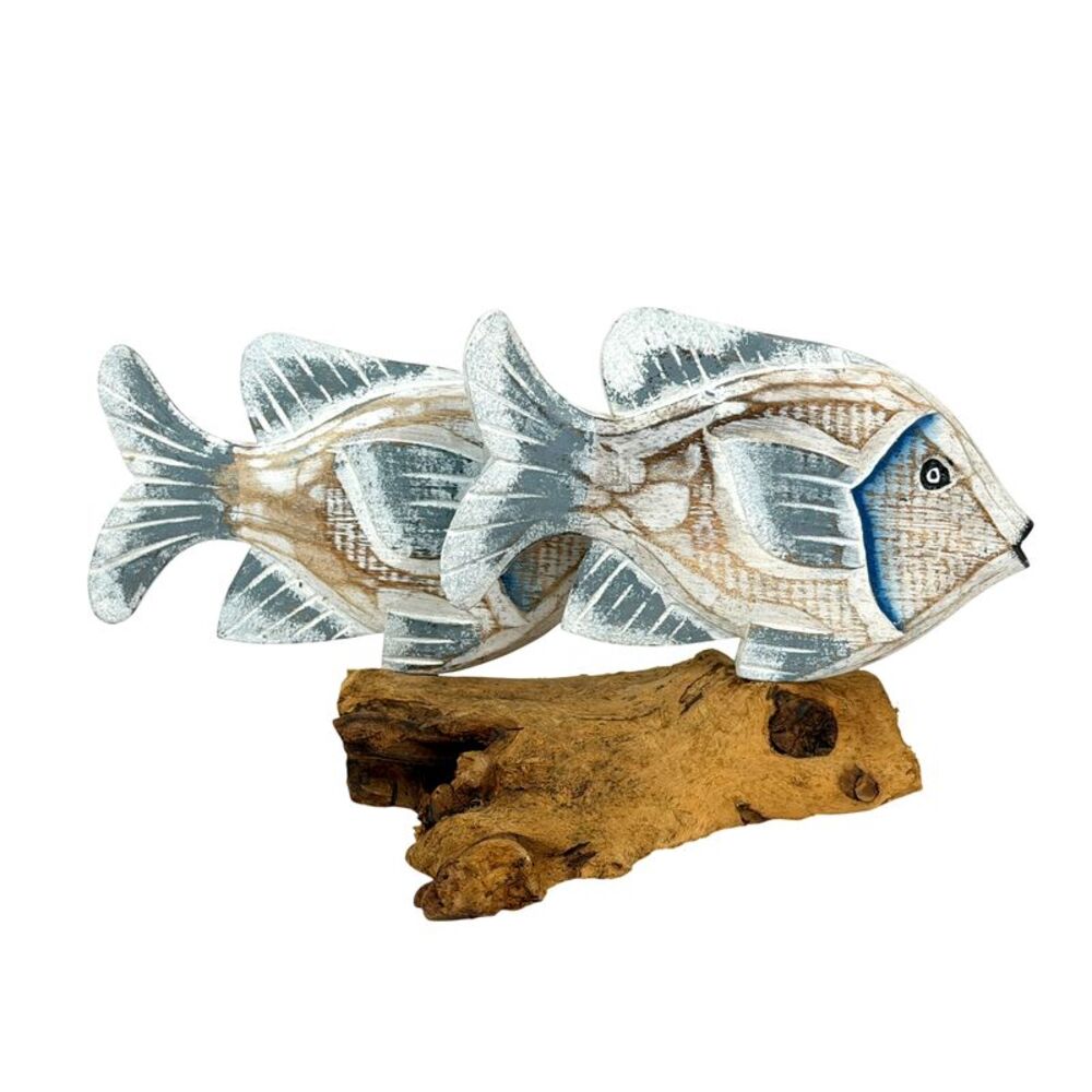 Hand-Carved Wood Fish Statue Coastal Driftwood-Style Base 11 Inch White